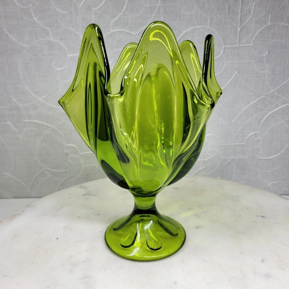 VTG Viking Epic Glass Swung Vase Six Finger Green Pedestal Footed MCM Home Decor